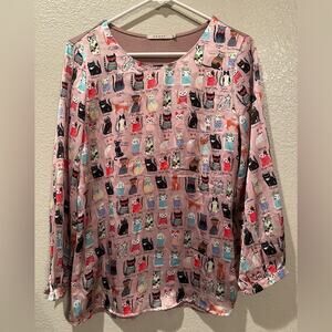 Anany Pink Cat satin Sheen Top with button 3/4 Sleeves Sz S